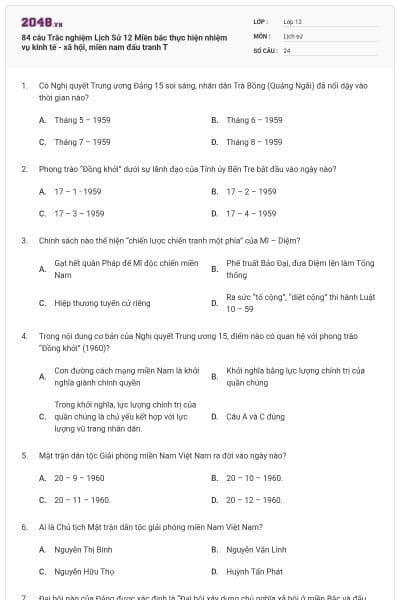 84 câu Trắc nghiệm Lịch Sử 12 Miền bắc thực hiện nhiệm vụ kinh tế - xã hội, miền nam đấu tranh T