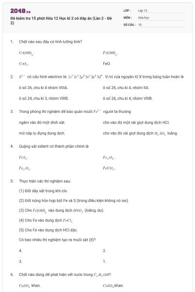 Đề kiểm tra 15 phút Hóa 12 Học kì 2 có đáp án (Lần 2 - Đề 2)
