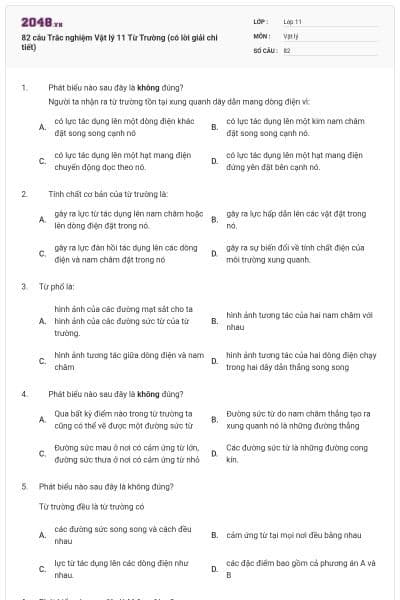 82 câu Trắc nghiệm Vật lý 11 Từ Trường (có lời giải chi tiết)