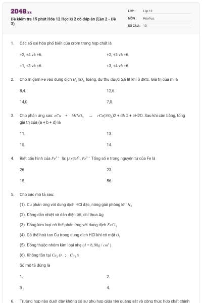 Đề kiểm tra 15 phút Hóa 12 Học kì 2 có đáp án (Lần 2 - Đề 3)