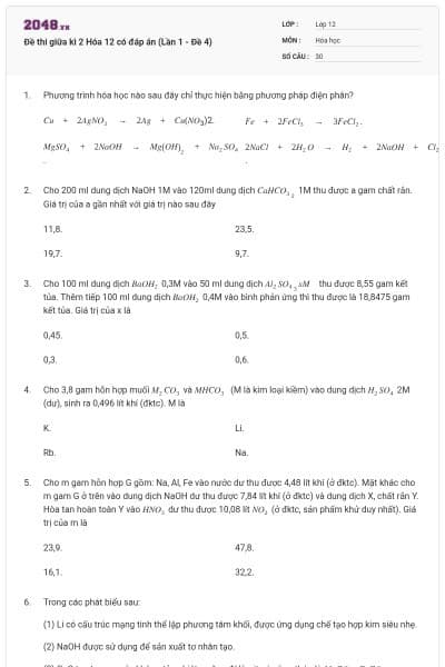 Đề thi giữa kì 2 Hóa 12 có đáp án (Lần 1 - Đề 4)