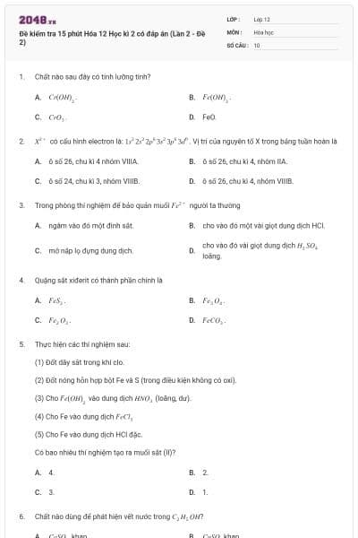 Đề kiểm tra 15 phút Hóa 12 Học kì 2 có đáp án (Lần 2 - Đề 2)