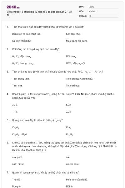 Đề kiểm tra 15 phút Hóa 12 Học kì 2 có đáp án (Lần 2 - Đề 4)
