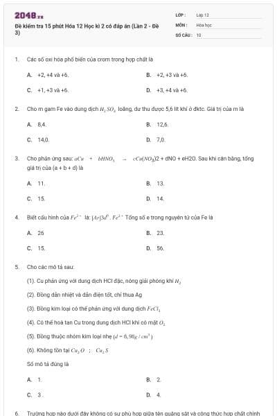 Đề kiểm tra 15 phút Hóa 12 Học kì 2 có đáp án (Lần 2 - Đề 3)