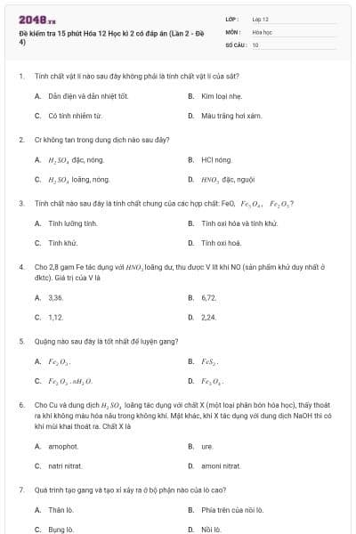 Đề kiểm tra 15 phút Hóa 12 Học kì 2 có đáp án (Lần 2 - Đề 4)