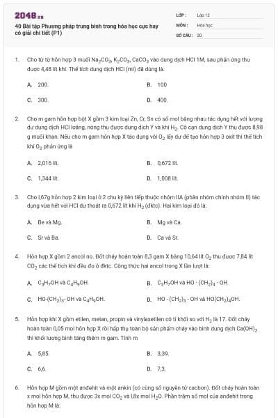40 Bài tập Phương pháp trung bình trong hóa học cực hay có giải chi tiết (P1)