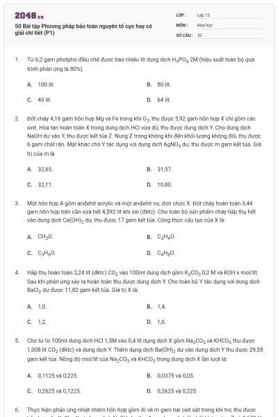 50 Bài tập Phương pháp bảo toàn nguyên tố cực hay có giải chi tiết (P1)