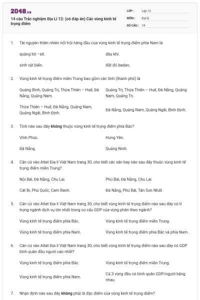 14 câu Trắc nghiệm Địa Lí 12: (có đáp án) Các vùng kinh tế trọng điểm