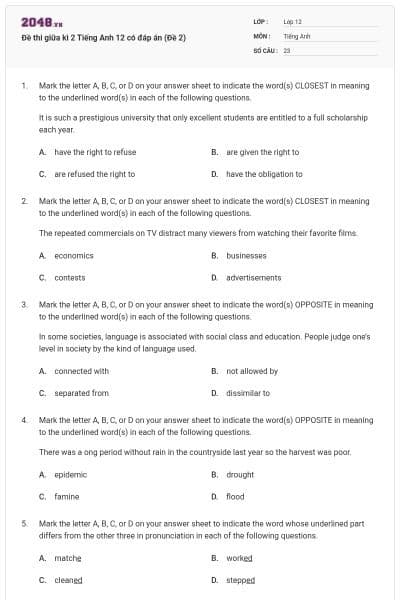 Đề thi giữa kì 2 Tiếng Anh 12 có đáp án (Đề 2)