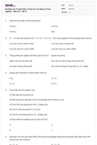 Đề kiểm tra 15 phút Hóa 12 Học kì 2 có đáp án (Trắc nghiệm - Bài số 2 - Đề 2)