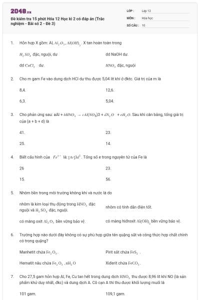 Đề kiểm tra 15 phút Hóa 12 Học kì 2 có đáp án (Trắc nghiệm - Bài số 2 - Đề 3)