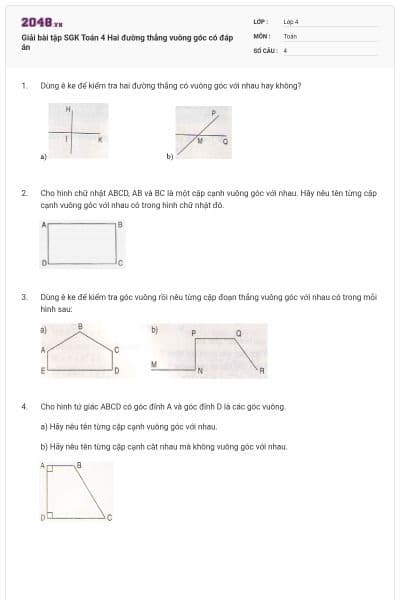 Giải bài tập SGK Toán 4 Hai đường thẳng vuông góc có đáp án