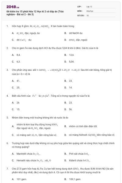 Đề kiểm tra 15 phút Hóa 12 Học kì 2 có đáp án (Trắc nghiệm - Bài số 2 - Đề 3)