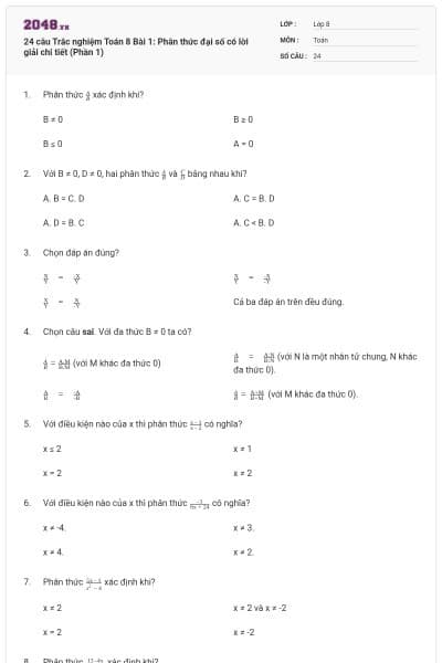 24 câu Trắc nghiệm Toán 8 Bài 1: Phân thức đại số có lời giải chi tiết (Phần 1)