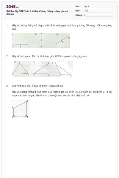 Giải bài tập SGK Toán 4 Vẽ hai đường thẳng vuông góc có đáp án