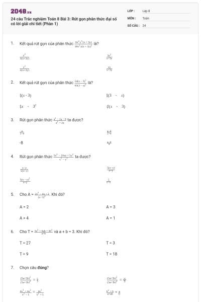 24 câu Trắc nghiệm Toán 8 Bài 3: Rút gọn phân thức đại số có lời giải chi tiết (Phần 1)