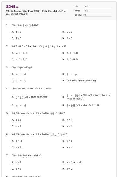 24 câu Trắc nghiệm Toán 8 Bài 1: Phân thức đại số có lời giải chi tiết (Phần 1)