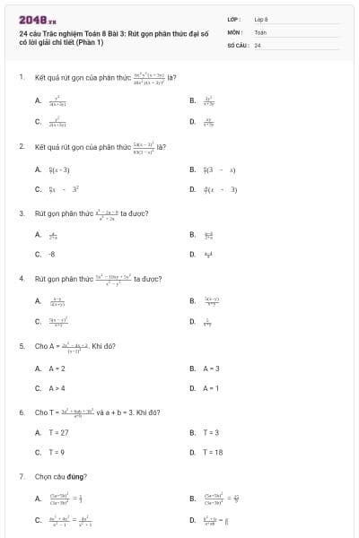 24 câu Trắc nghiệm Toán 8 Bài 3: Rút gọn phân thức đại số có lời giải chi tiết (Phần 1)