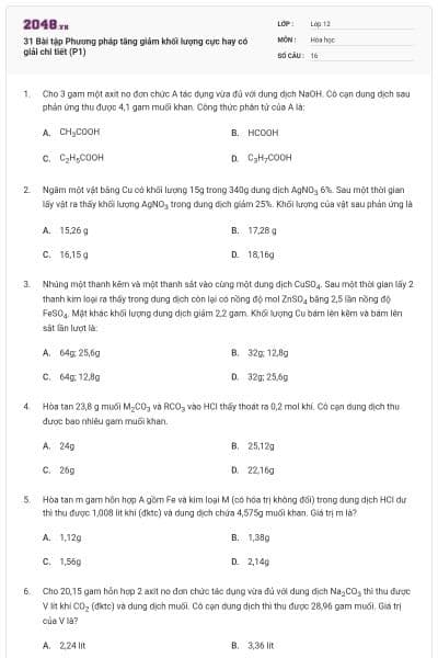 31 Bài tập Phương pháp tăng giảm khối lượng cực hay có giải chi tiết (P1)
