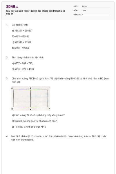 Giải bài tập SGK Toán 4 Luyện tập chung sgk trang 56 có đáp án