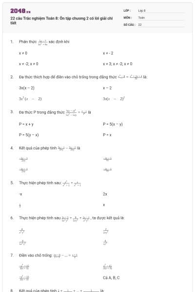 22 câu Trắc nghiệm Toán 8: Ôn tập chương 2 có lời giải chi tiết