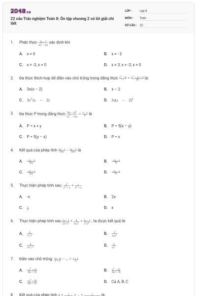 22 câu Trắc nghiệm Toán 8: Ôn tập chương 2 có lời giải chi tiết