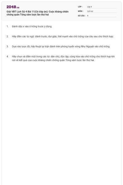 Giải VBT Lịch Sử 4 Bài 11(Có đáp án): Cuộc kháng chiến chống quân Tống xâm lược lần thứ hai