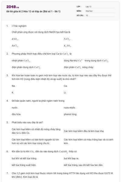 Đề thi giữa kì 2 Hóa 12 có đáp án (Bài số 1 - Đề 1)