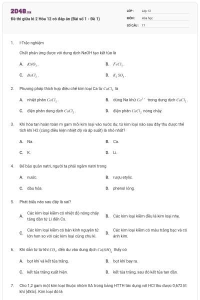 Đề thi giữa kì 2 Hóa 12 có đáp án (Bài số 1 - Đề 1)