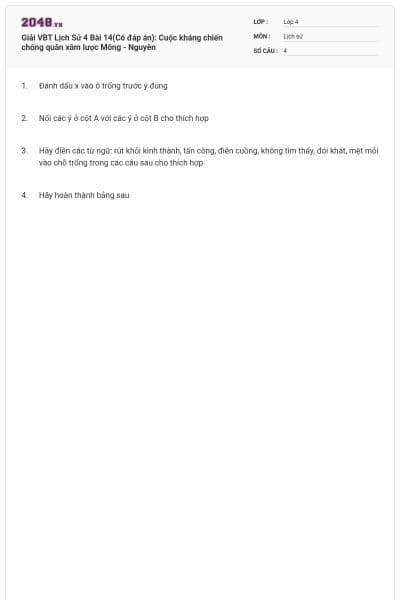 Giải VBT Lịch Sử 4 Bài 14(Có đáp án): Cuộc kháng chiến chống quân xâm lược Mông - Nguyên