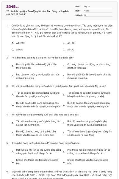 20 câu trắc nghiệm Dao động tắt dần, Dao động cưỡng bức cực hay, có đáp án