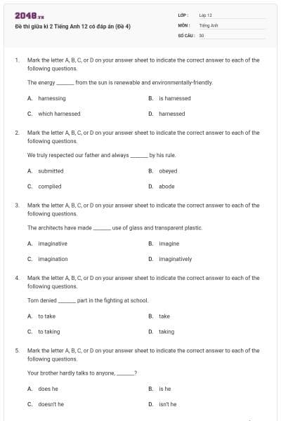 Đề thi giữa kì 2 Tiếng Anh 12 có đáp án (Đề 4)