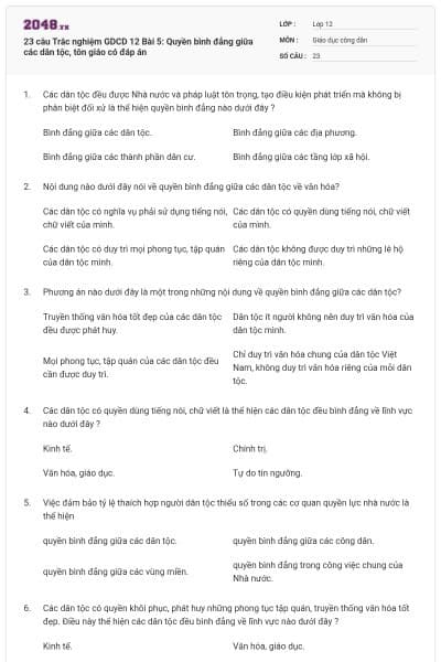 23 câu Trắc nghiệm GDCD 12 Bài 5: Quyền bình đẳng giữa các dân tộc, tôn giáo có đáp án