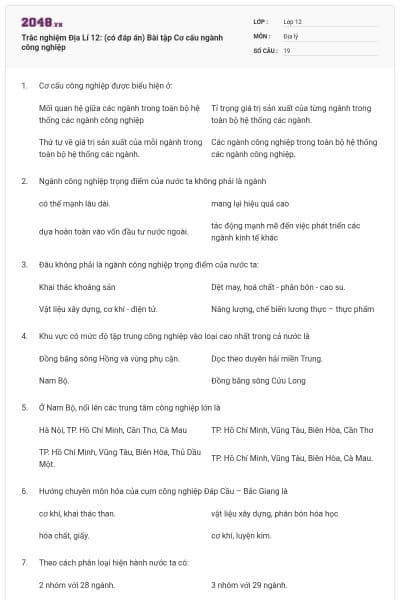 Trắc nghiệm Địa Lí 12: (có đáp án) Bài tập Cơ cấu ngành công nghiệp