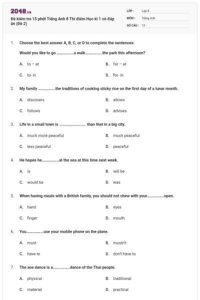 Đề kiểm tra 15 phút Tiếng Anh 8 Thí điểm Học kì 1 có đáp án (Đề 2)