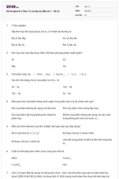 Đề thi giữa kì 2 Hóa 12 có đáp án (Bài số 1 - Đề 2)