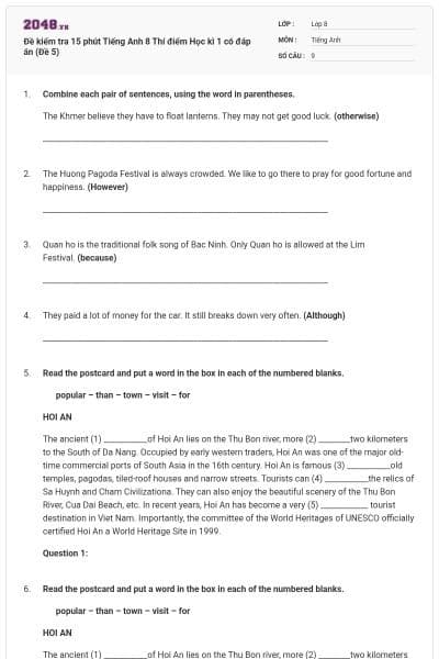 Đề kiểm tra 15 phút Tiếng Anh 8 Thí điểm Học kì 1 có đáp án (Đề 5)