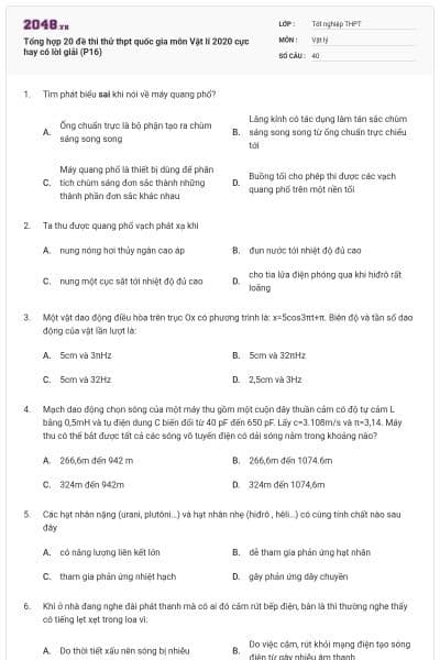 Tổng hợp 20 đề thi thử thpt quốc gia môn Vật lí 2020 cực hay có lời giải (P16)