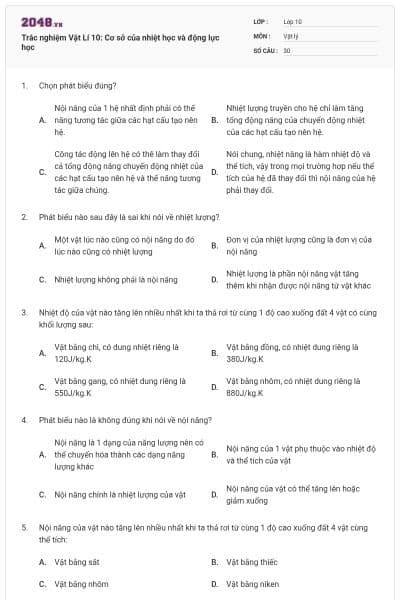 Trắc nghiệm Vật Lí 10: Cơ sở của nhiệt học và động lực học