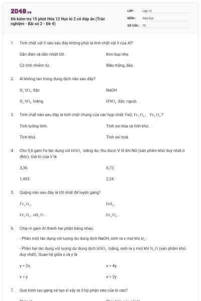 Đề kiểm tra 15 phút Hóa 12 Học kì 2 có đáp án (Trắc nghiệm - Bài số 2 - Đề 4)