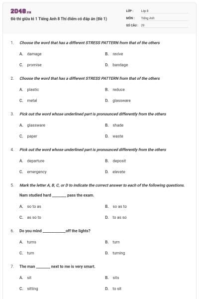Đề thi giữa kì 1 Tiếng Anh 8 Thí điểm có đáp án (Đề 1)