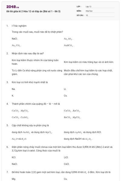 Đề thi giữa kì 2 Hóa 12 có đáp án (Bài số 1 - Đề 3)