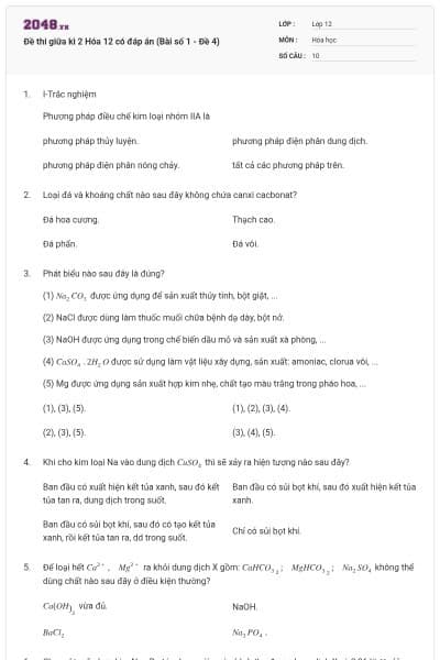Đề thi giữa kì 2 Hóa 12 có đáp án (Bài số 1 - Đề 4)