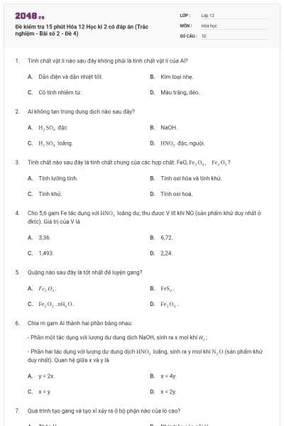Đề kiểm tra 15 phút Hóa 12 Học kì 2 có đáp án (Trắc nghiệm - Bài số 2 - Đề 4)