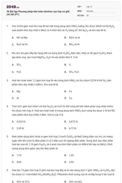 36 Bài tập Phương pháp bảo toàn electron cực hay có giải chi tiết (P1)