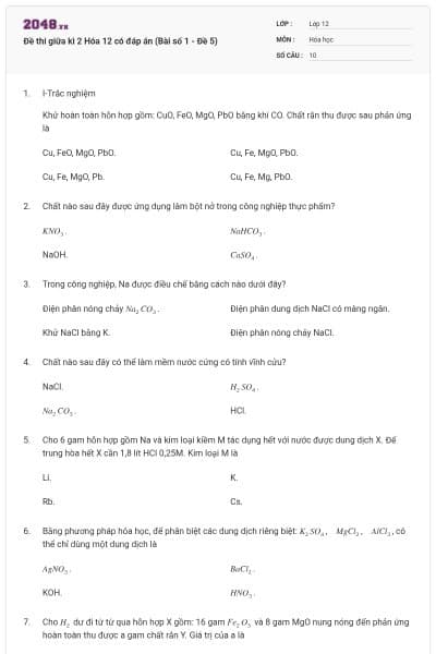 Đề thi giữa kì 2 Hóa 12 có đáp án (Bài số 1 - Đề 5)