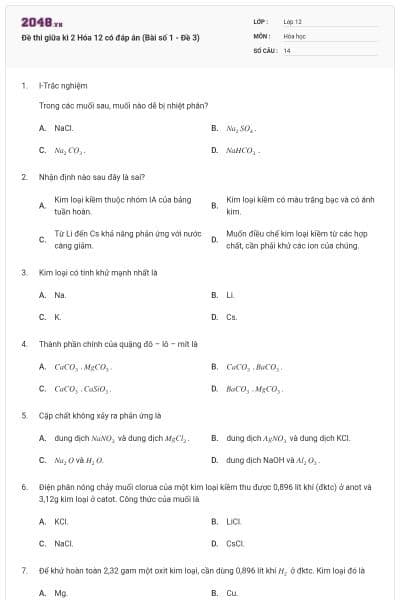 Đề thi giữa kì 2 Hóa 12 có đáp án (Bài số 1 - Đề 3)