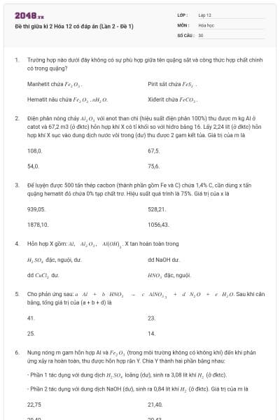 Đề thi giữa kì 2 Hóa 12 có đáp án (Lần 2 - Đề 1)