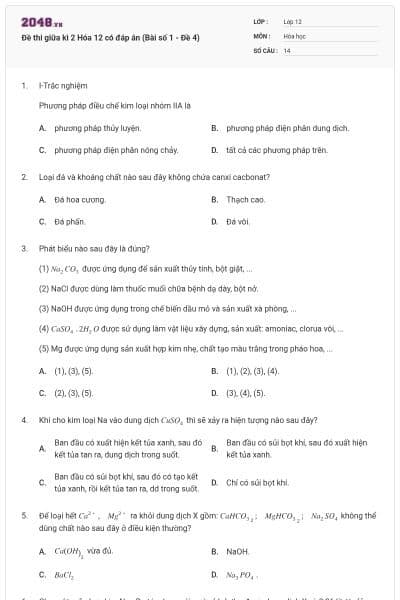 Đề thi giữa kì 2 Hóa 12 có đáp án (Bài số 1 - Đề 4)