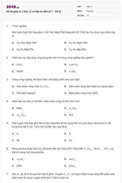 Đề thi giữa kì 2 Hóa 12 có đáp án (Bài số 1 - Đề 5)